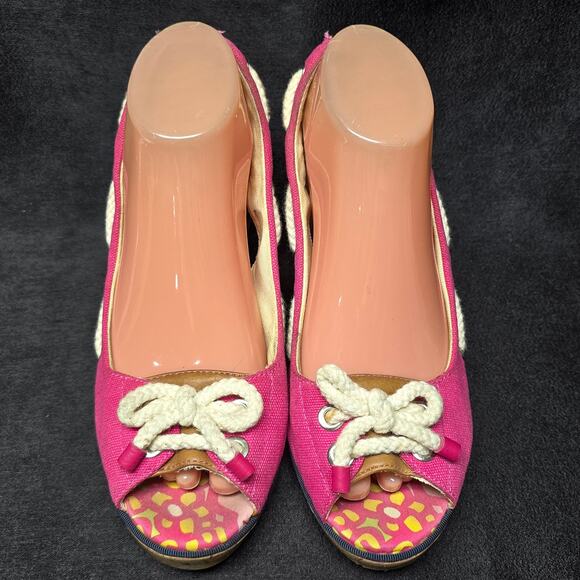 Sperry Top Sider Pink Slingback Rope Bow Wedge Heels Peep Toe Shoes Sandals - Picture 4 of 10